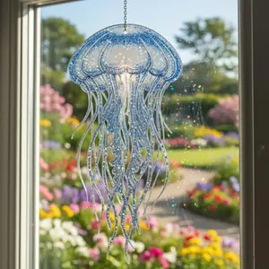 Jellyfish Suncatcher, Hologram Acrylic Sun Catcher, Cracked Glass Effect, Ocean Window Decor