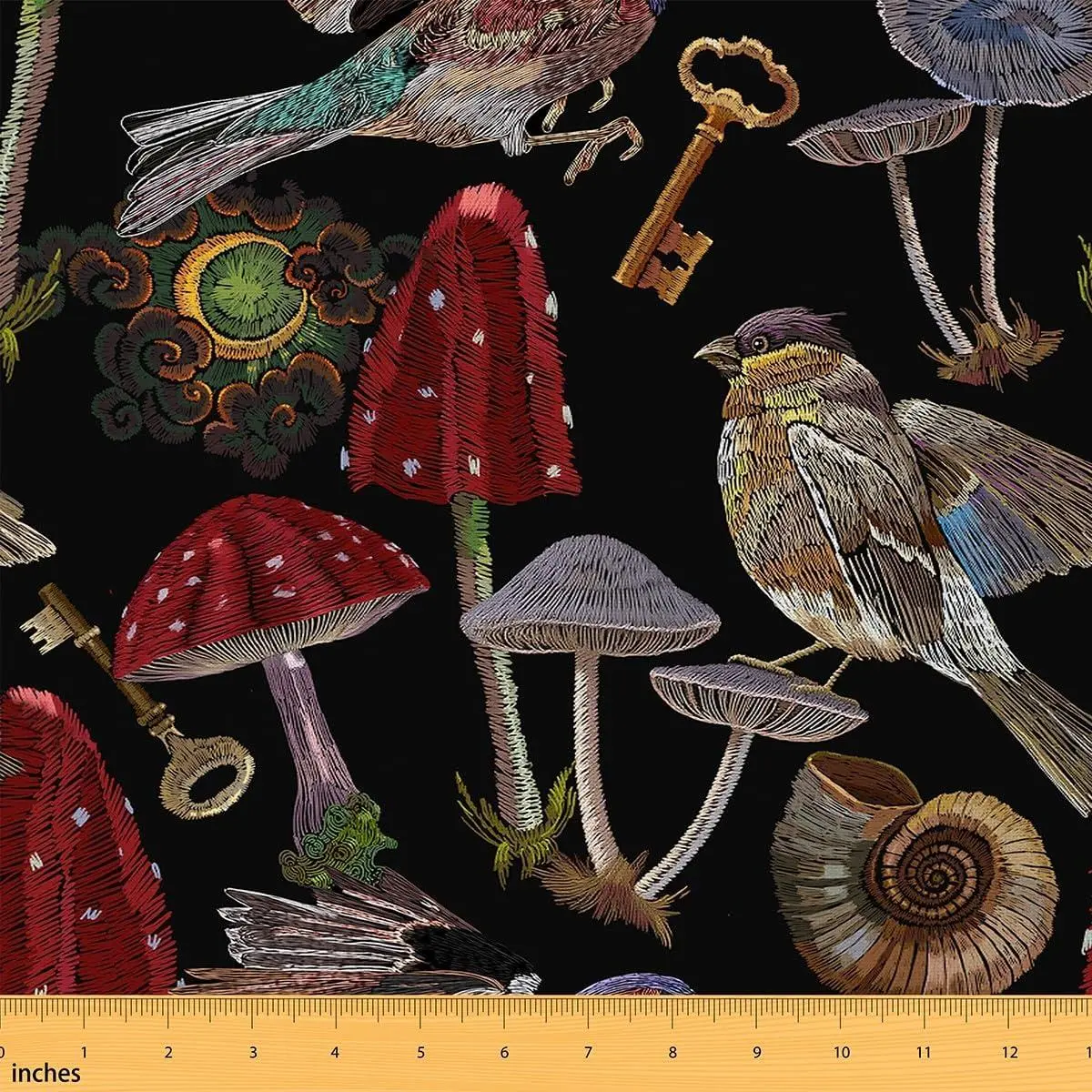 Trippy Mushroom Fabric Bohemia Moon Golden Key Cloudy Sky Soft Flannel Polyester Sewing Craft Embroidery Bird Rustic Plants DIY Sewing Fabric Sofa Chair Bedroom Decor