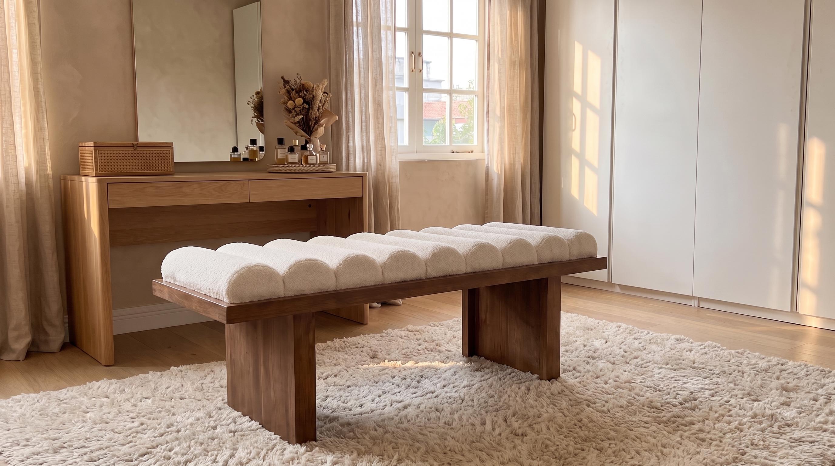 HNY 47-in Modern Sherpa Boucle Upholstered Backless Armless Entryway Ottoman Bench, Padded Cylindrical Cushion, Natural Wooden Base, Assembly Required Simple Setup for Bedroom, Living Room, Ottoman For Bedroom, All Hardware