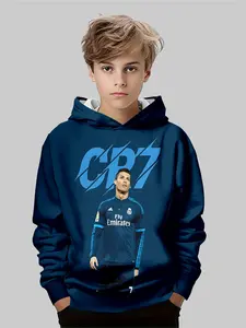 Boys Cr7 Theme Graphic Team Hoodie for Fall & Winter, Comfortable Fitted Casual Sweatshirt, Must-Have Fan Gear, Moderate Fabric Thickness