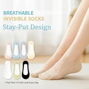 7-Pair Pack Women's Solid-Color Sheer Invisible Socks - Breathable, Comfortable, and Sweat-Wicking Ultra-Thin Low-Cut for Spring and Summer Ice-Silk Texture Essential Everyday Casual Staple