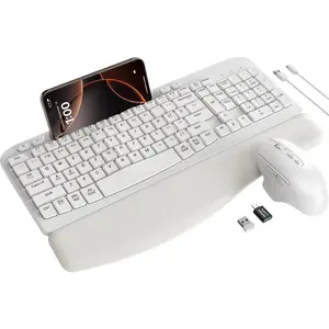 Keyboard and  Combo,  Wave , Cushioned Palm Rest, Rechargeable, Phone Holder,  Typing, 2.4G Lag-Free, MA22 Plus Full Size Keyboards Set for Windows/, White