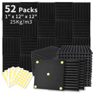 Soundproofing Focusound 12 Grooves 52 Packs Noise Reduction Foam Panels 1" x 12" x 12" with 300PCS Double-Side Adhesive. Noise-Cancelling Foam Panels optimize sound quality for room decoration, ideal for creators, streamers, and gamers. Room Accessories.