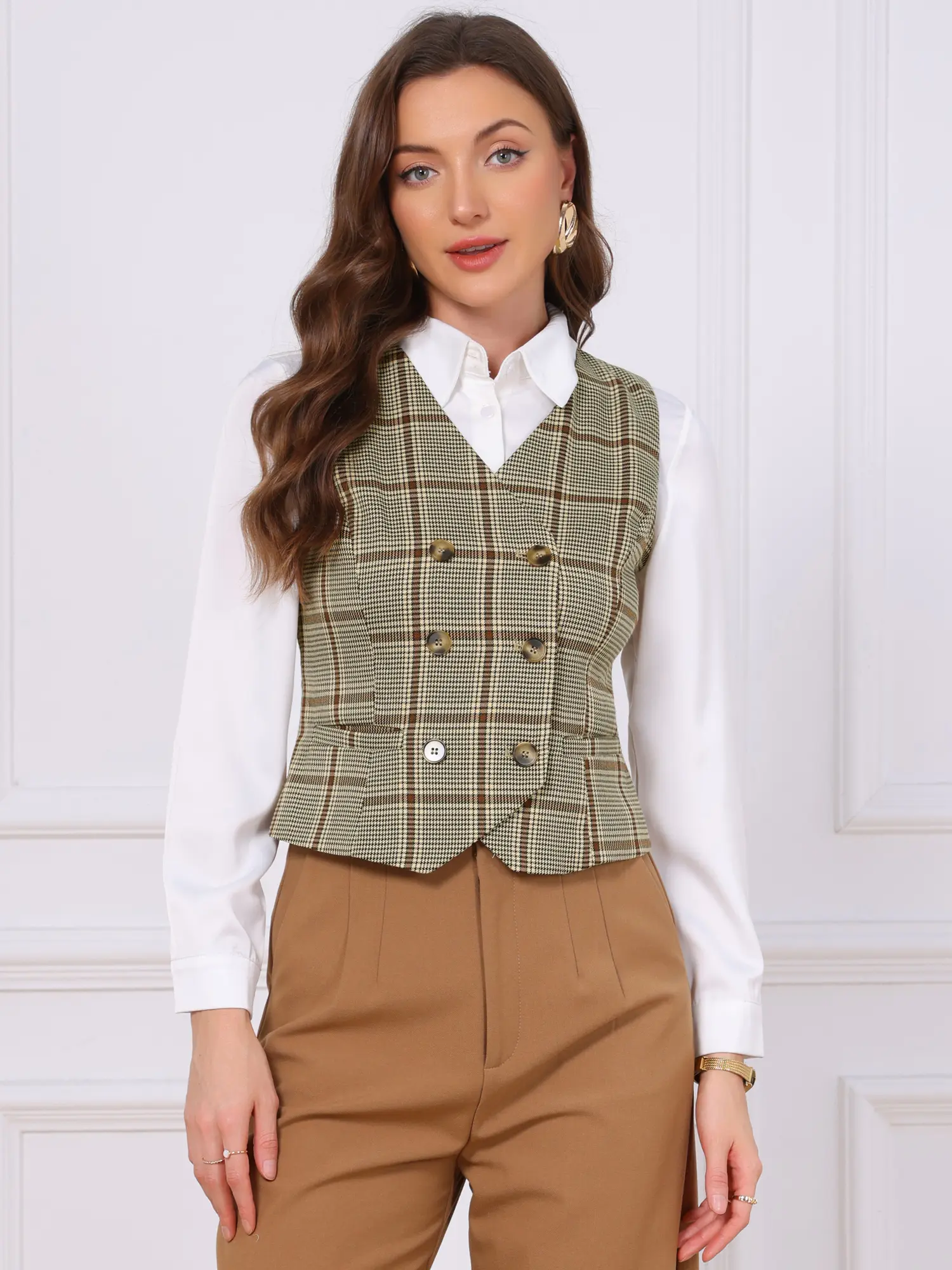 INSPIRE CHIC Double Breasted Waistcoat for Women's Vintage Plaid Suit Vest