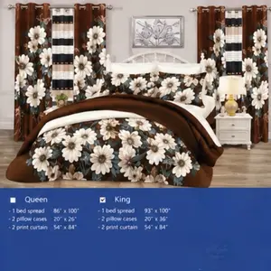 King Daisy Floral Bedspread Set with Matching Curtains – 5 Pieces – Brown & White Collection. /  Juego King Floral Margaritas con Cortinas – 5 Piezas – Café y Blanco