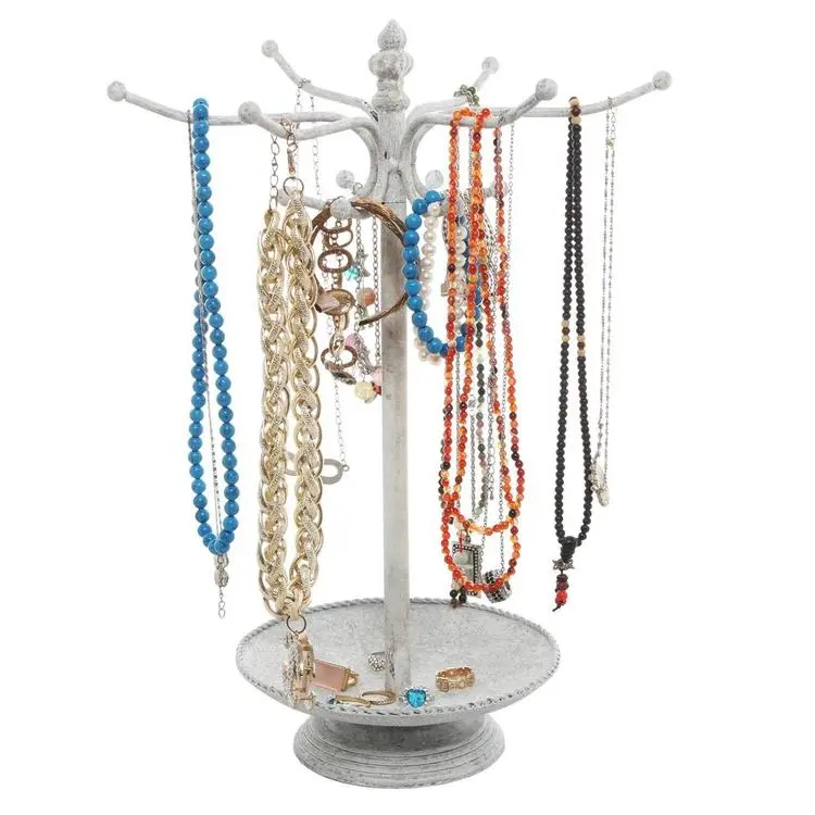 Vintage Whitewashed Metal Jewelry Organizer Rack w/ Ring Tray