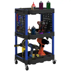 HOMCOM 3-Tier Rolling Tool Cart with Wheels, 200 LBS Capacity Plastic Utility Cart with Side Shelves, Mobile Service Tool Organizer for Garage, Warehouse, Workshop, Black and Dark Blue