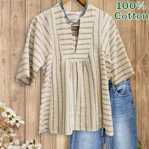 SageVell 100% Cotton Chic Striped V - Neck, Breezy Spring Summer Style with Flowy Silhouette & Breathable Fabric Shirt, Elegant Blouse