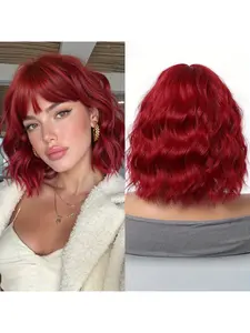 Short wavy bob wig, red, winter bangs design, high-quality synthetic wig, comfortable and breathable mesh cap, suitable for everyday wear, holidays and parties.