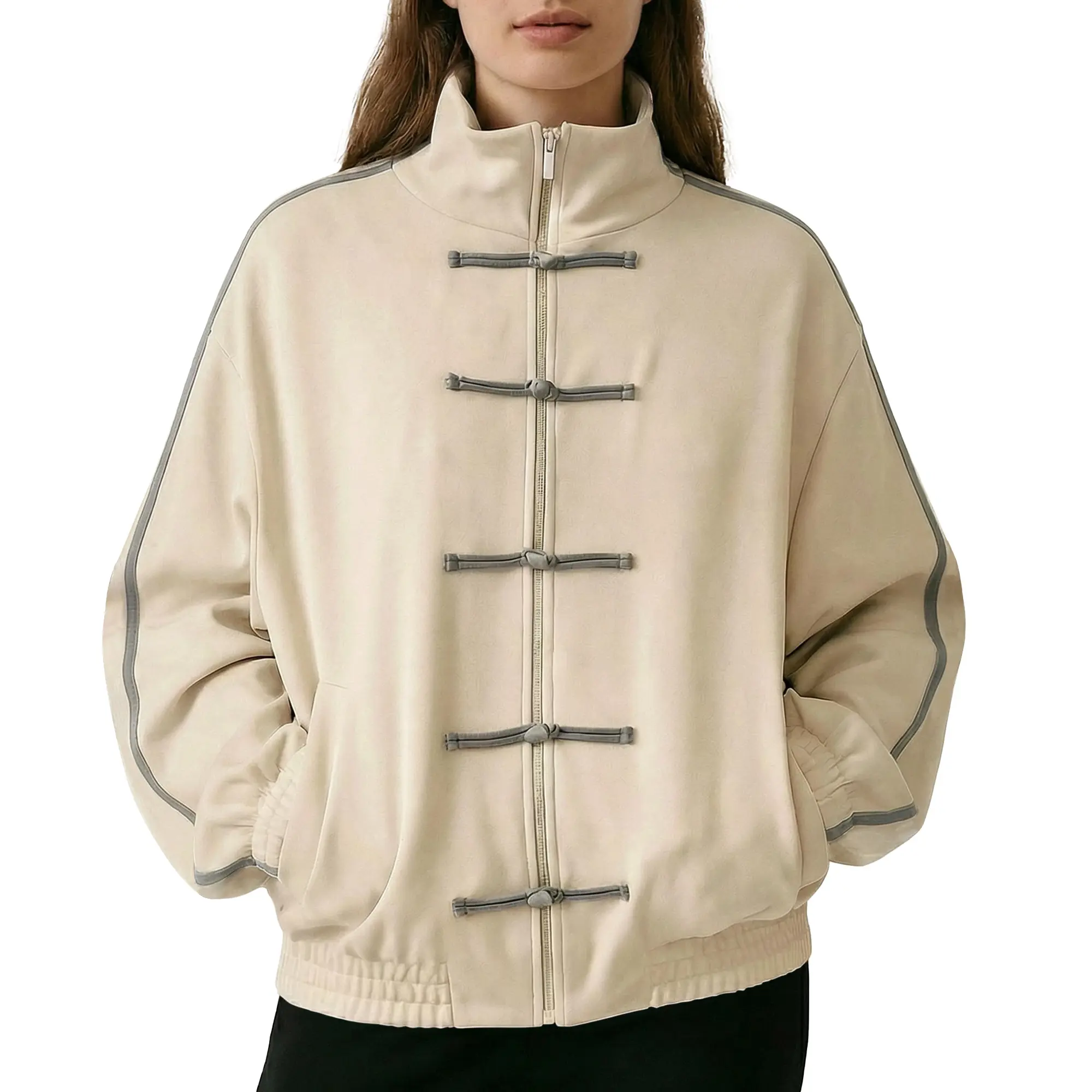 Songling Women's Jacket, Comfy Chinese Style Faux Suede Travel Coats with Long Sleeves, Everyday Soft Button-Up with Stand Collar, Longsleeves, Zipper, Outfits