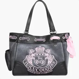 Y2K Juicy Style Tote Bag, Vintage Black Pink Color Block Shoulder Bag, Crown & Crest Embroidery Spacious Handbag, Glamorous Y2K Aesthetic Purse for Women, Perfect for Daily Use & Shopping