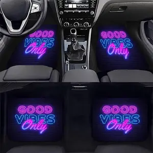 4pcs Good Vibes Only Pattern Flannel UV Black Light Car Floor Mat, UV Blacklight Reactive Car Floor Mat, Water-absorbent, Non-slip And Stain-resistant Mat, Used For Most Car Front And Rear Seat Carpets, Car Interior Protection Decoration hatchback coupe