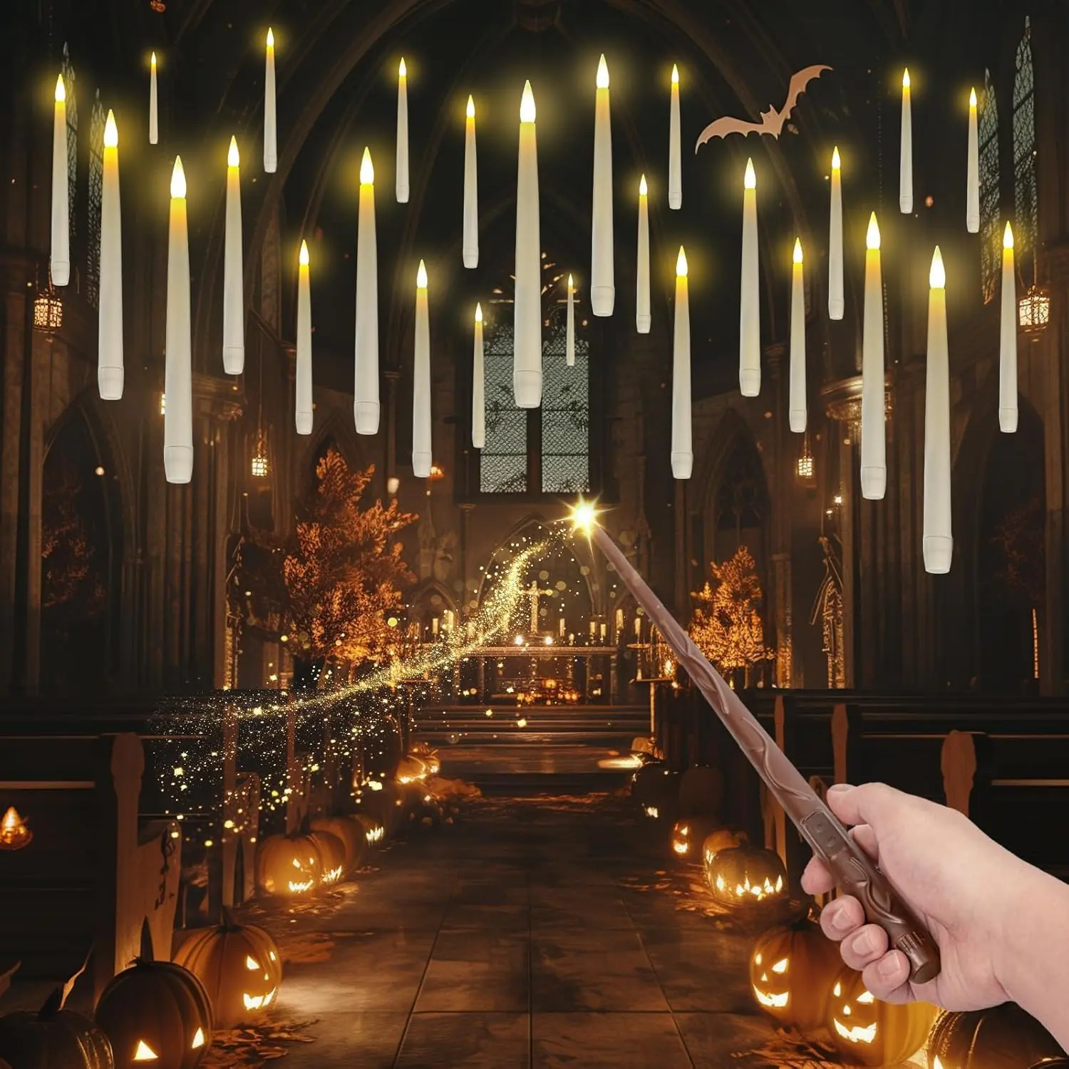 20PCS Chunting Cylindrical Floating Candle Lights Set Pack, AC-Powered Flickering Light with Wand Remote, Hanging String for Hanging Display, Magic Theme Halloween Christmas Party Indoor Decor