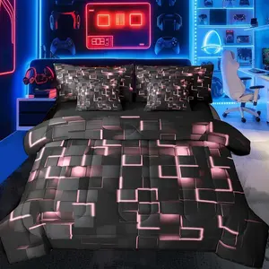 Pink and Black Bedding Set Light Geometric Comforter Set with Sheets 7 Piece for Kids Boys Decor Bed in a Bag Modern Style Bed Set