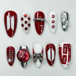 OT7 Concert Press On Nails, Red and White ARMY Fandom Fake Nails, All Member Names Custom Nail Art, 3D Silver Chrome Kpop Merch BZTISZ