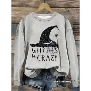 Women’s casual Halloween witch hat print pullover, soft long-sleeved crewneck sweatshirt, suitable for all seasons GARMENTARY