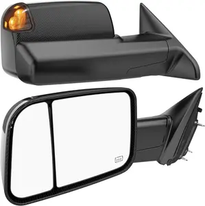 Smoked Power Heated Tow Mirrors Compatible with 2009-2018 Dodge Ram 1500, 2010-2018 2500 3500,2019-2024 1500 Classic Flip Up Extended Trailer Towing Side Mirrors with Puddle Light, Carbon Gray Housing