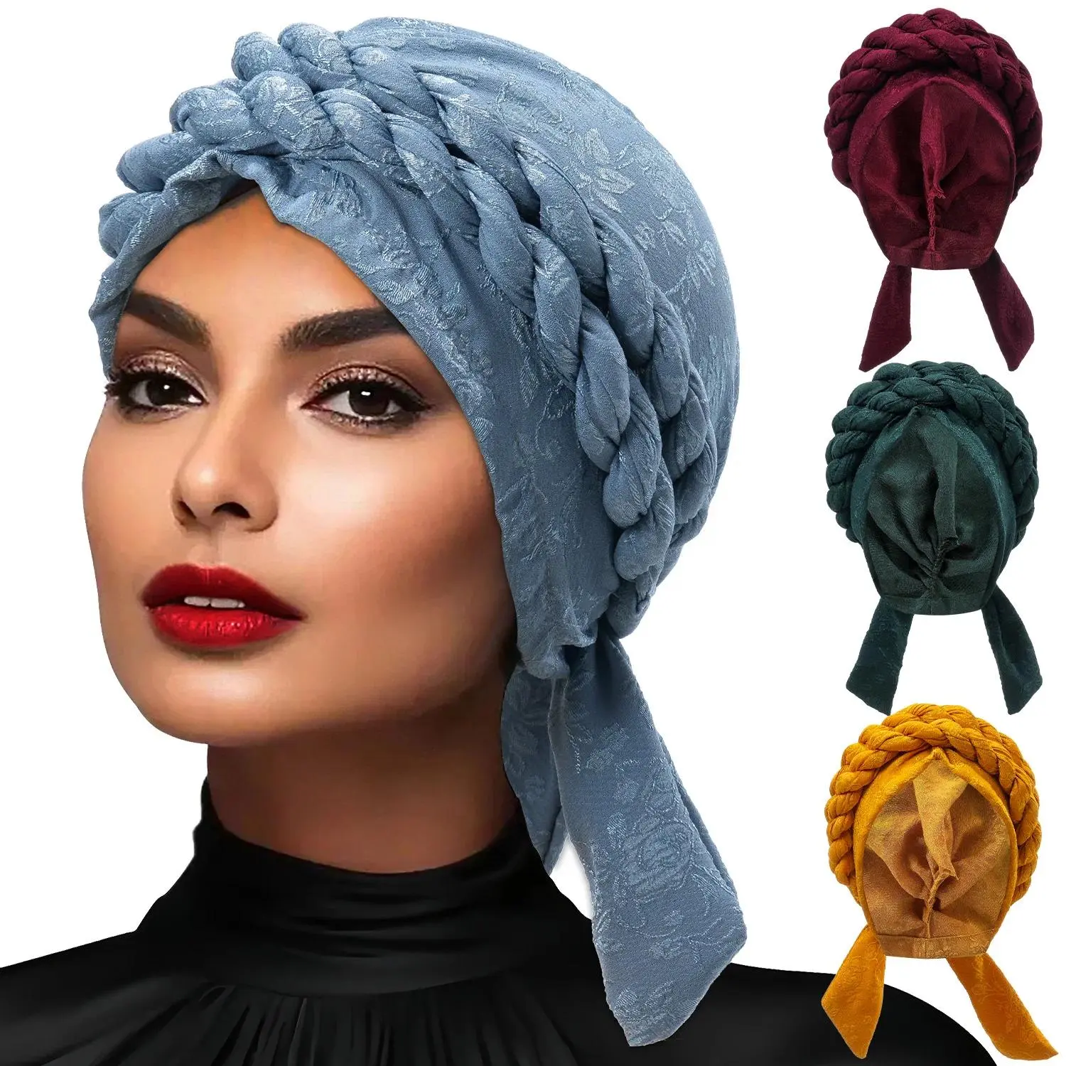 Women's Solid Color Double-Braid Turban Cap, Muslim Wrap Head Bonnet Undercap, Fashion Headwear