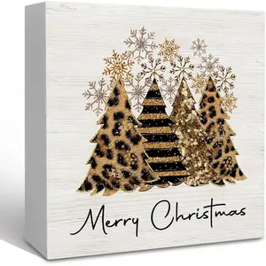 Gold Christmas Tree Snowflake Wooden Box Sign Desk Decor, Cheetah Leopard Merry Christmas Tree Decorative Signs Decor for Bedroom, Winter Xmas Snowflake Home Shelf Desk Decorations 5x5 Inch