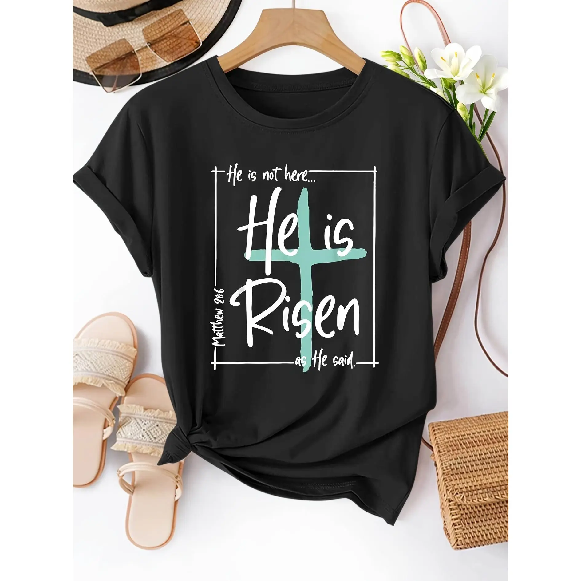 Easter English Print Fashion Vintage Women's Spring/Autumn Casual Sporty Round Neck Short Sleeve T-Shirt, Multiple Colors Available S-XXL