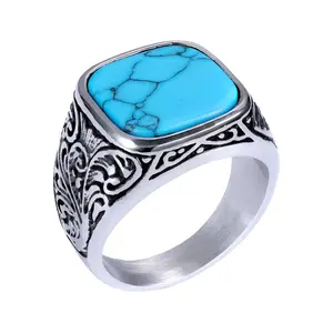Turquoise Onyx Signet Ring for Men: Biker Vintage Stainless Steel Polished Statement Wedding Band Size 8-13