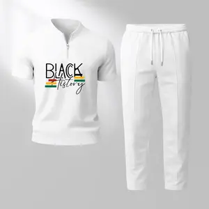 Men’s Black History Print Zip Henley Collar Short Sleeve and Long Pants Two Piece Set Made with Waffle Knit Fabric Breathable Soft Texture Loose Fit for Casual Everyday Wear