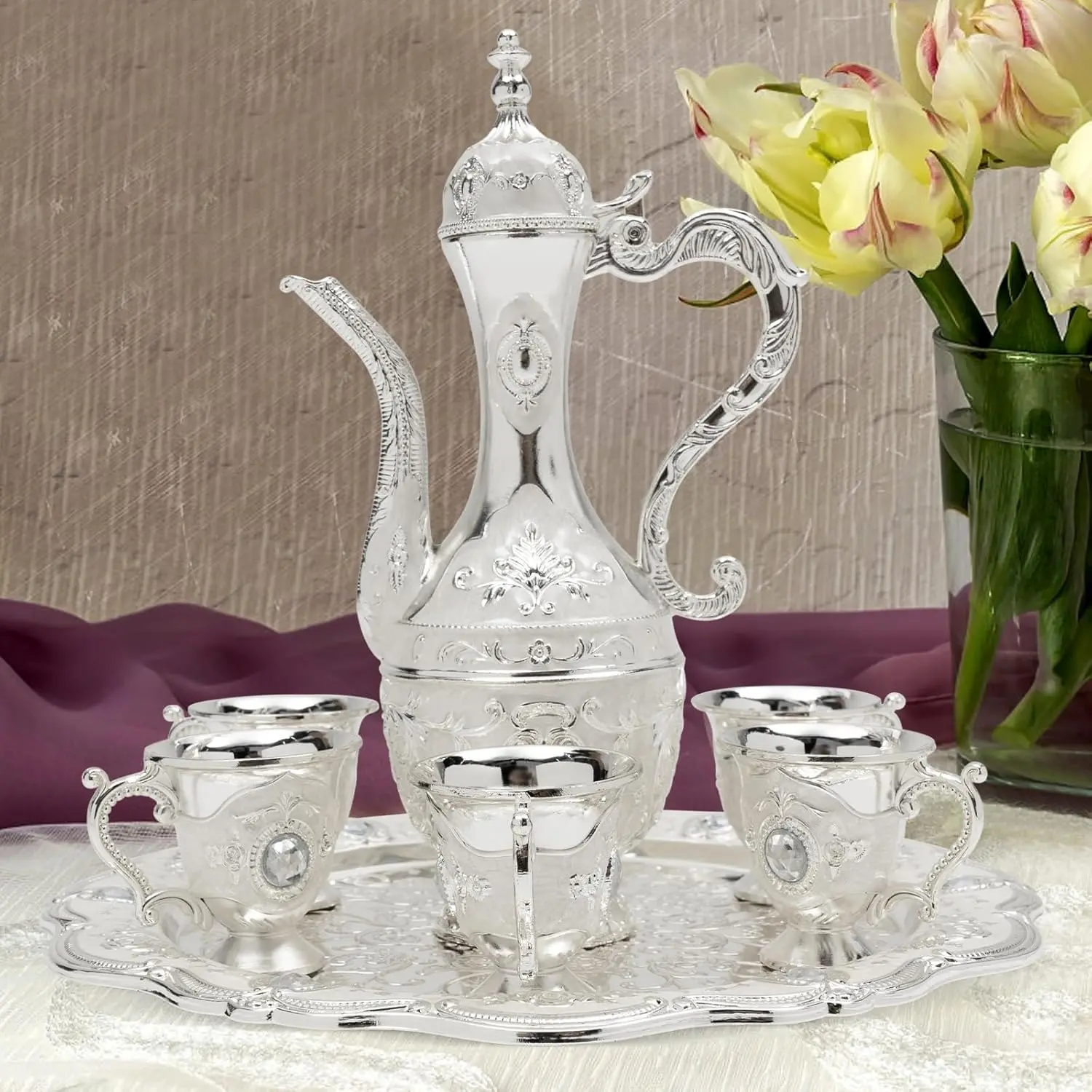 Vintage Retro Metal Turkish Teapot & Coffee Set - 250ml/8.45oz Pot with Dragon Handle, 6x30ml/1.01oz Cups, Silver Carved Cover, European Spout, Tray, for Home Decor, Birthday Gift, Office, Hotel Use