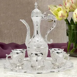 Turkish Tea Set Vintage Metal Turkish Coffee Set w/Pot(250ml/8.45Oz) 6 Cups(30ml/1.01Oz) & Tea Tray for Home Decor Birthday Christmas Wedding Restaurant Hotel (Silver) Cover Dragon European Spout