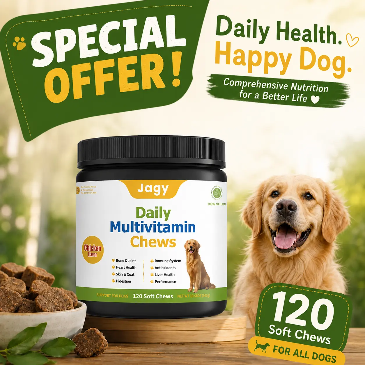 <Special> Jagy Daily Health Chews for Dogs - 120-Count Natural Canine Nutritional Supplement, All-Round Wellness Soft Treats with Multivitamin Blend, OptiMSM & Probiotic Mix for Gut & Immune Health
