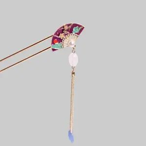 Twilight Bloom Fan-Inspired Amethyst Enamel Kanzashi Hairpin - Elegant Wedding Hair Accessory for Brides