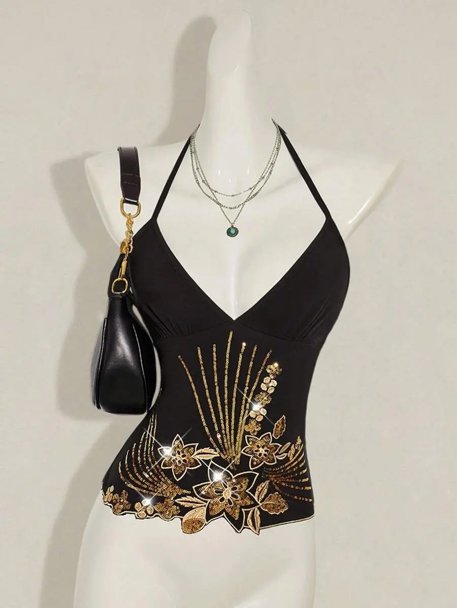 Women's Y2K Style Flower Beaded Embroidery Asymmetrical Hem Halter Neck Backless Fitted Camisole, Bohemian Chic & Sexy Black And Gold Top Sequin Top