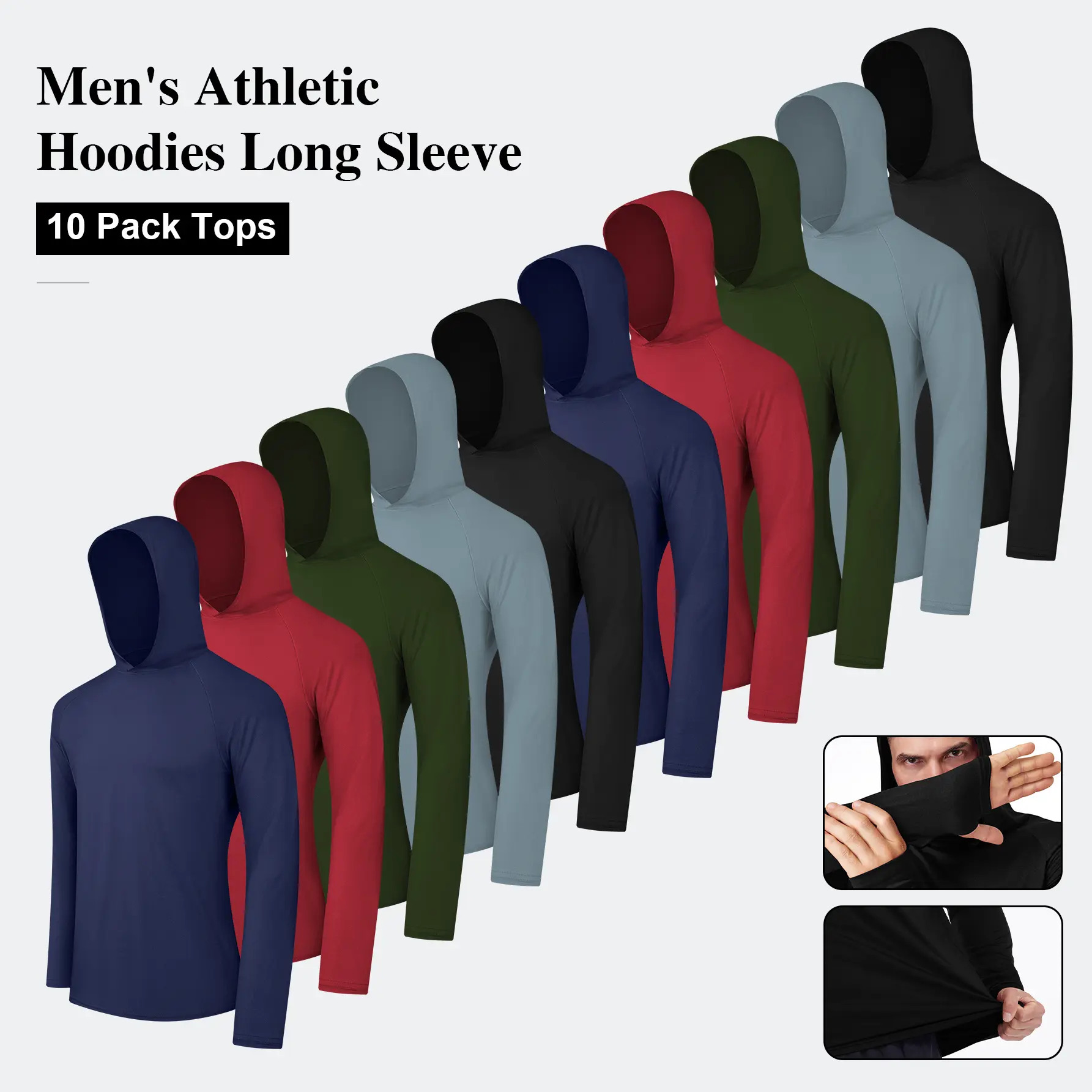 10 Pack Sun Hoodie for Men - UV Fishing Shirts Long Sleeve Lightweight Tops for Athletic Running Gym Workout