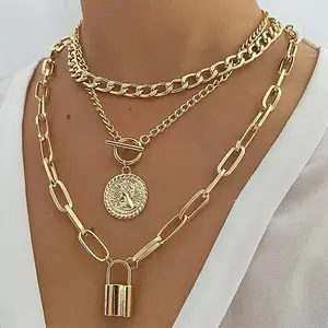 Serelune Jewelry B Gold Stack Necklace Chunky Necklaces for Women Trendy Coin Pendant Long Necklaces Western Jewelry for Women Cowgirl Cowboy Chic Country Outfit Boho Accessories Birthday Jewelry Gifts