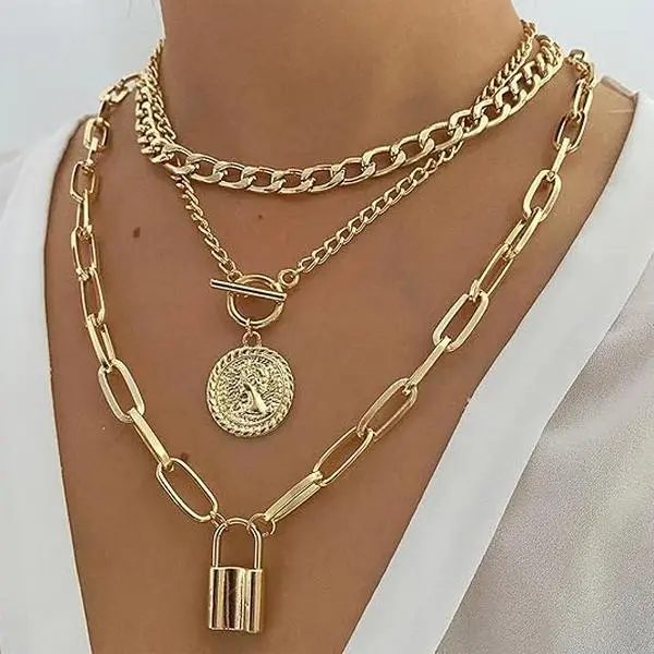 Serelune Jewelry B Gold Stack Necklace Chunky Necklaces for Women Trendy Coin Pendant Long Necklaces Western Jewelry for Women Cowgirl Cowboy Chic Country Outfit Boho Accessories Birthday Jewelry Gifts