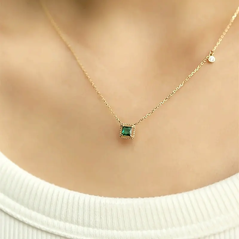 Female Elegant 925 Silver Hollow Square Green Zircon Synthetic Gemstone Clavicle Chain Necklace, Valentine’s Day Gift Jewelry Pendant, Women