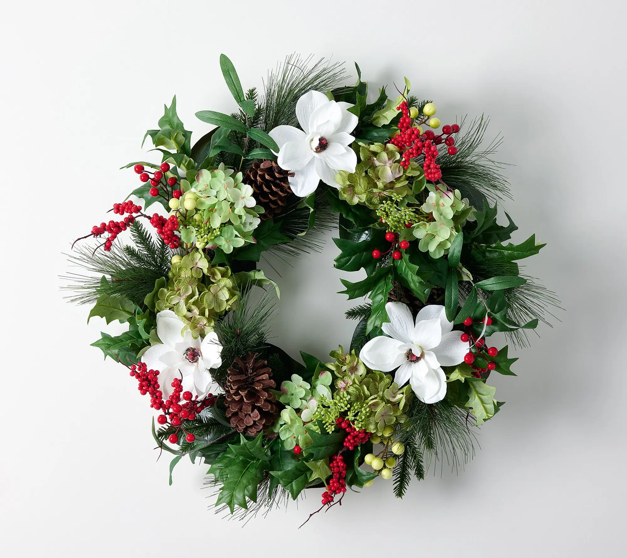 26" Magnolia, Hydrangea and Berry Wreath by Valerie