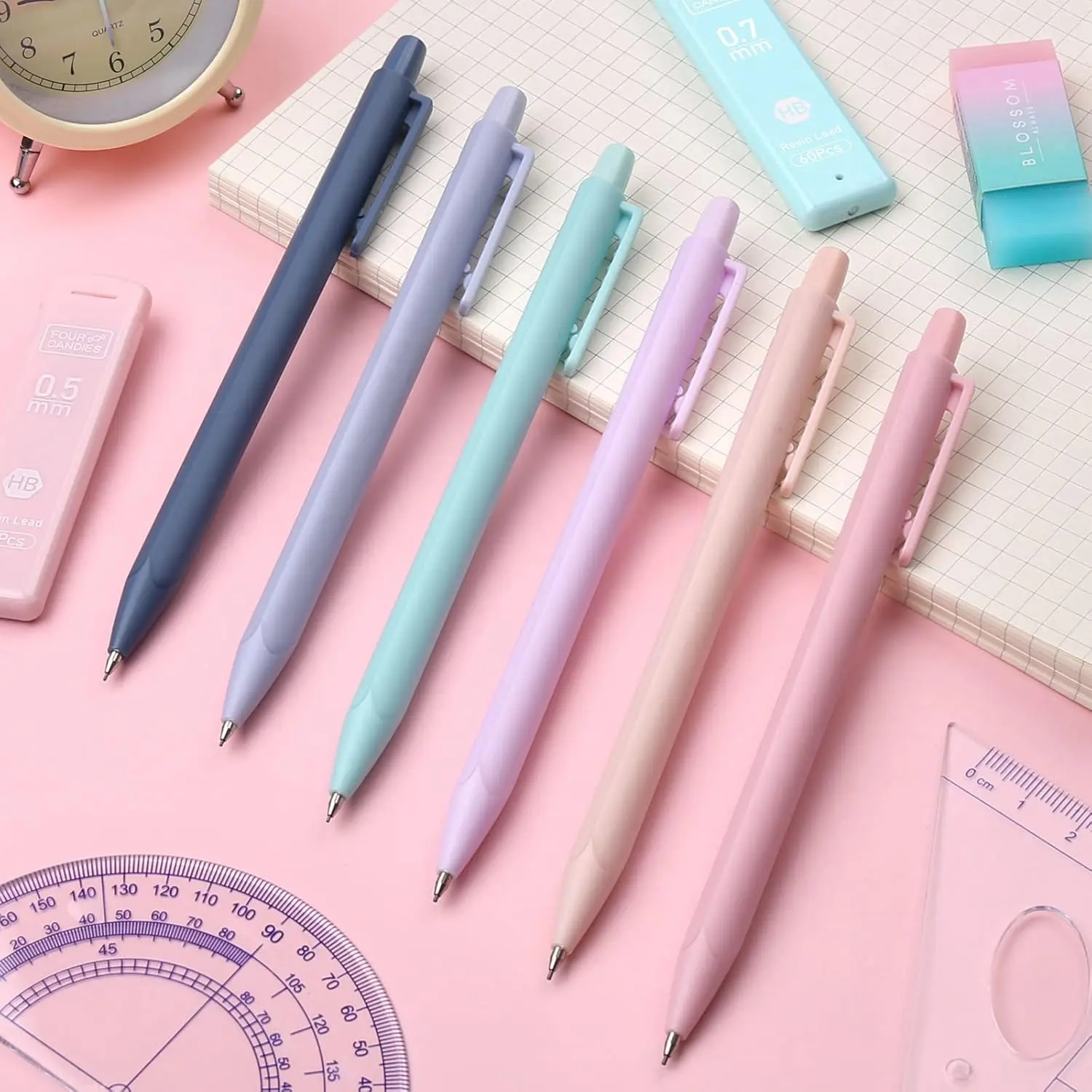 Cute Mechanical Pencil Set 6 Pack with Storage Case, 0.5mm 0.7mm 0.9mm HB Pencils, 360 Lead Refills, 3 Erasers & 9 Refills, Aesthetic School Supplies for Girls, Students & Office