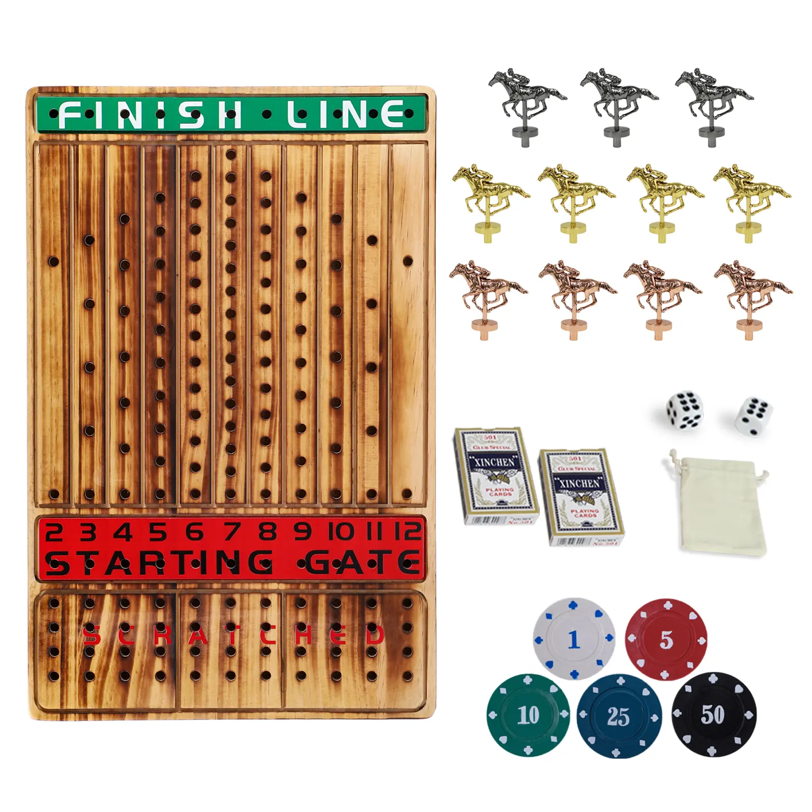 Horse Racing Game - Wooden Horse Race Board Game with 11 Luxury Metal Horses 2 Dice and 2 Cards，Fast-Paced Strategic for Family Night and Party - Perfect Birthday&Holiday Gifts Tabletop Games