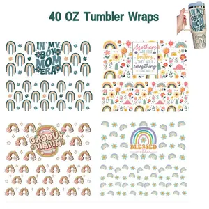 4 Set of 40 Oz UV DTF Cup Stickers, Mom & Rainbow Pattern 3D Decals, Durable Mixed Color Transfer Paper, Perfect for Mother's Day Gifts