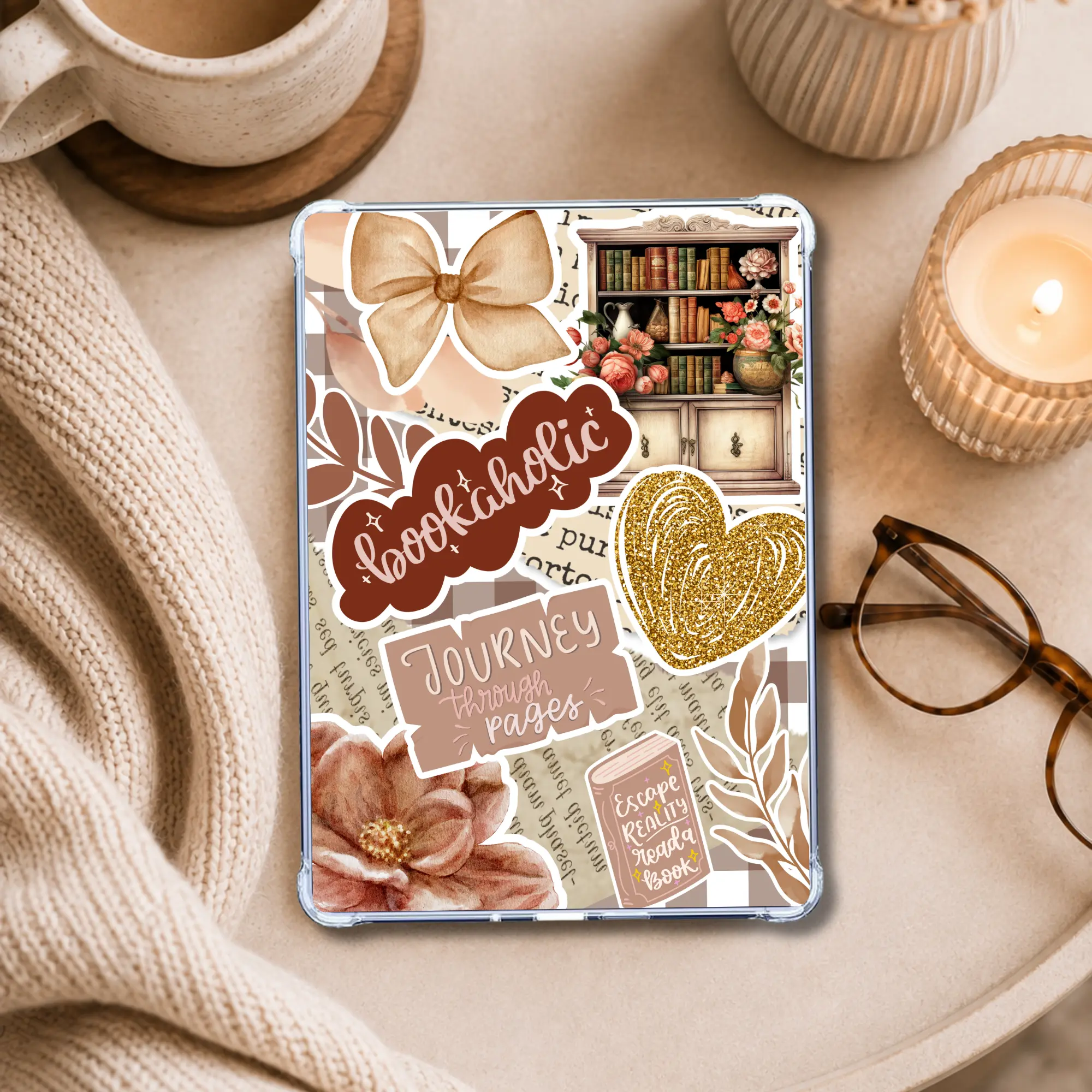 Beige Bookaholic Sticker Look Kindle Insert | Clear Case eReader Decor