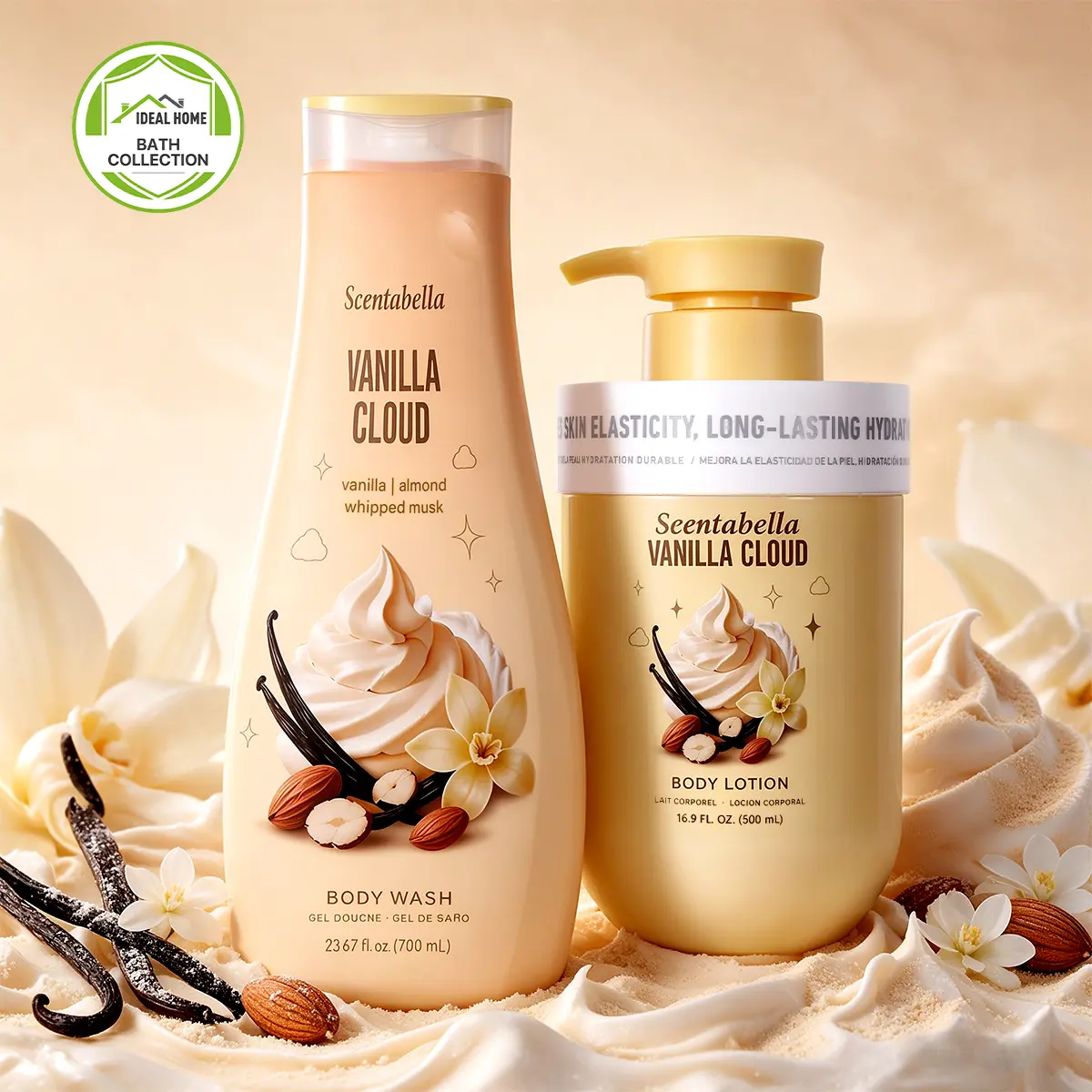 Creamy Vanilla Body Wash & Lotion Set | Vanilla, Almond & Whipped Musk Gourmand Scent | 2-Piece Shower & Body Care Set | Sweet Cozy Self-Care Gift