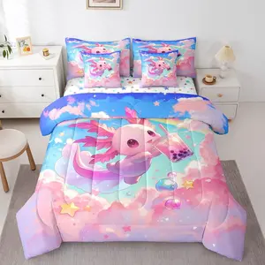 Cute Axolotl 7 Pieces Bedding Set,Galaxy Cloud Comforter Set with Sheets,Boys Girls Cartoon Animal Bed in A Bag,Dreamy Rainbow Teens Bed Set Bed Blanket
