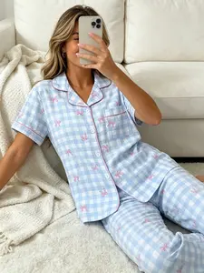 Women's Short Sleeve Button Down Top and Pants Pajama Set, All Season Wear, For Preppy Style Lovers, Light Blue Gingham Preppy Bow Print, Classic Lapel Collar, Loose Fit, Comfortable For Study & Relaxing, Loungewear
