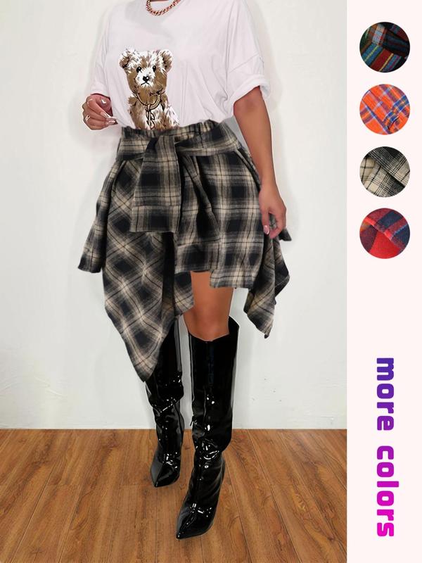 【Plus Size】 Plaid Print Asymmetrical Hem Skirt, Casual Knee Length Skirt for Fall & Winter, Women's Bottoms for Daily Wear