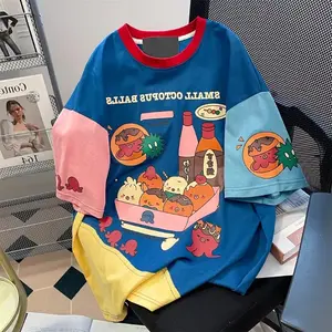 Y2K Harajuku Sweet Cartoon Print O-Neck T-Shirt, Y2K E-Girl Patchwork Short Sleeve Tee, 2025 Summer New Loose Fit Top for Women, Comfortable