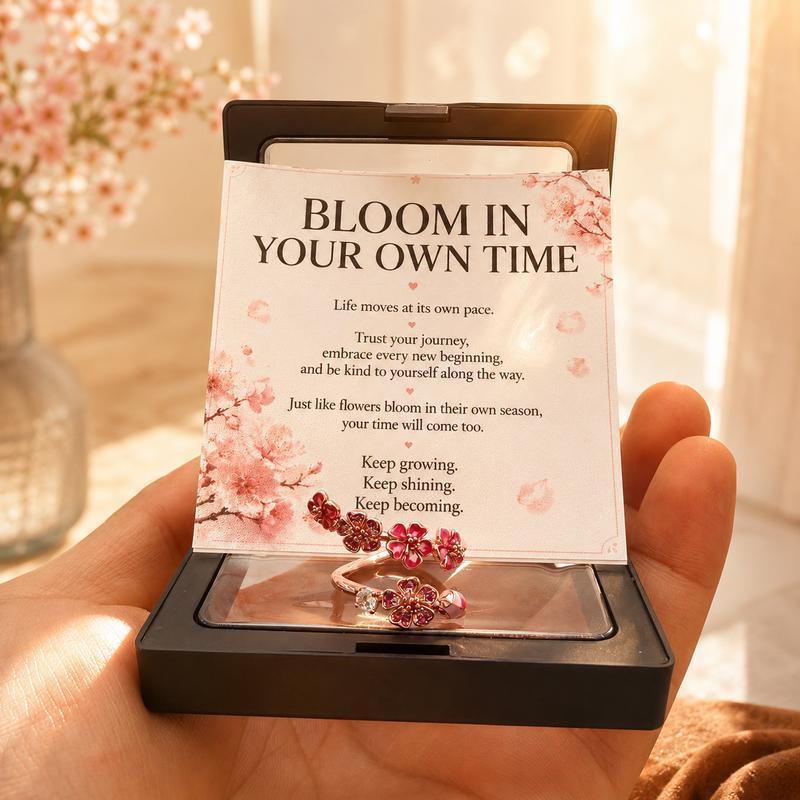 #JY Peach Blossom Ring for Women, Pink Cherry Blossom Adjustable Ring, Floral Open Wrap Band Jewelry, Sparkling Cubic Zirconia Flower Ring, Bridesmaid Wedding Jewelry, Minimalist Everyday Accessory, Birthday Anniversary Gift for Her