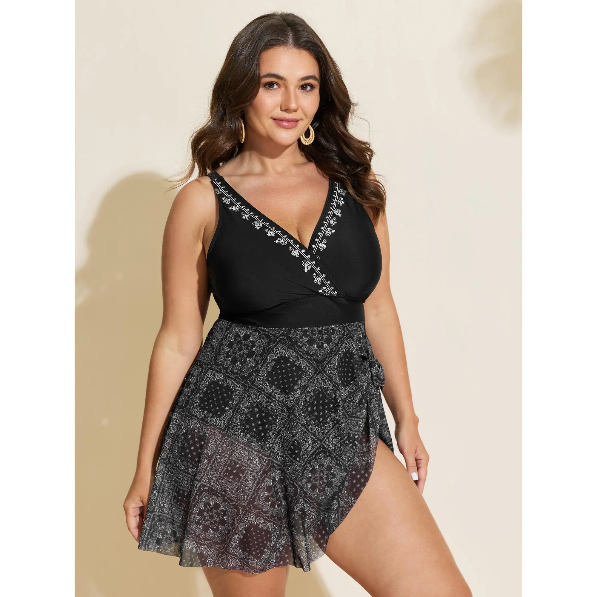 BloomChic Women's Plus Size Bohemian Print Bodycon Swimdress - Full Coverage, Embroidered Neckline, Pockets, Removable Cups, Built-In Bottom, Short Length, Polyester, Nylon, Stretch That Hugs, Elastic Fit, Pad On Or Off, Figure Flattering Beach Swimwear