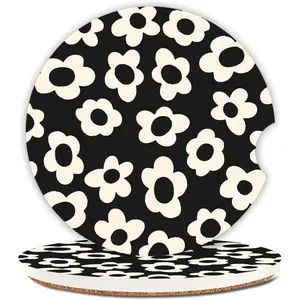 2 Pack Absorbent Car Coasters for Cup Holders, 2.56" Ceramic Stone with Non-Scratch Cork Base Drink Coasters (White Flower)