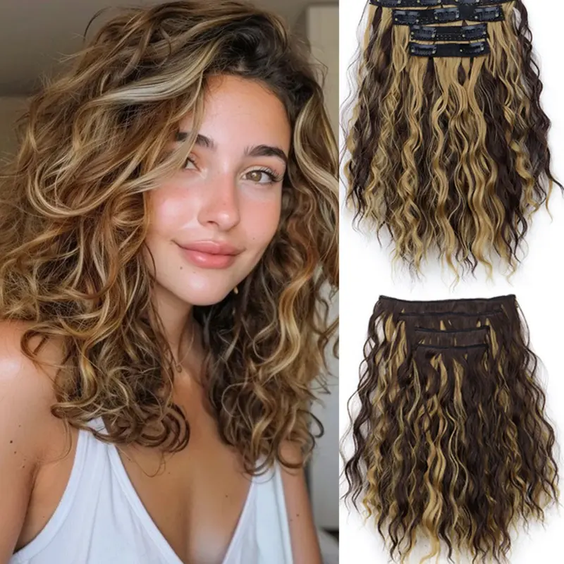 4 Piece Set Hair Clips Water Wave Wig Extensions Short Curly Waves Suitable for Women Daily Use Voluminous Hair Synthetic Wavy Hair Wavy Synthetic Hairpiece Clip On Hairpieces