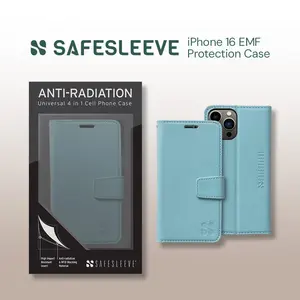 SafeSleeve Wallet Leather Case for iPhone 16 Plus EMF Blocker for Cell Phone with 3 Card Holder & Adjustable Stand – Magnetic Closure, and Magnetic Folio Protection for Daily Use